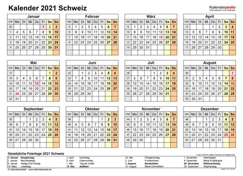 Kalender 2021 Schweiz zum Ausdrucken als PDF