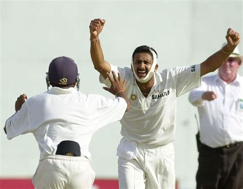 Anil Kumble, bowling with a broken jaw, celebrates after trapping Brian Lara lbw | ESPNcricinfo.com