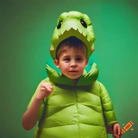 Boy in inflatable dinosaur costume on Craiyon