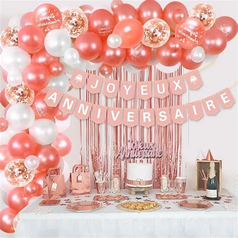 «Cheereveal Rose Gold Joyeux Anniversaire Balloons Kit Glitter Joyeux Anniversaire Banner Cake ...