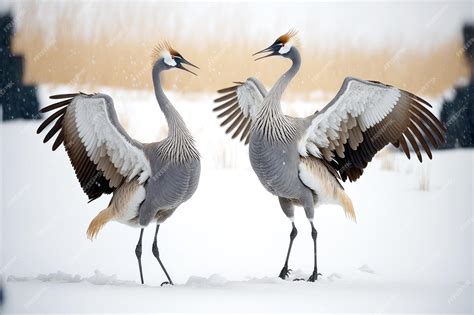 Premium Photo | Two crane bird with gray dancing in snow