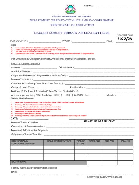 Fillable Online NAKURU COUNTY BURSARY APPLICATION FORM Fax Email Print ...