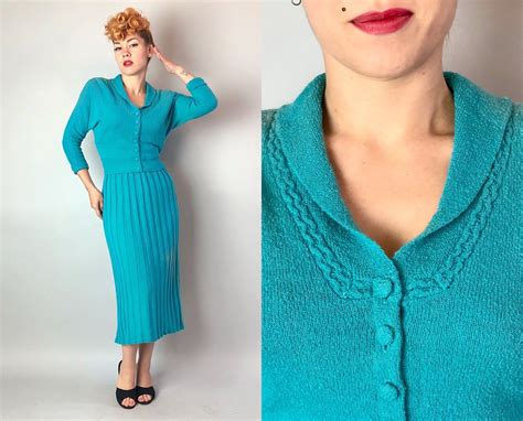 1950s Sultry Librarian Knit Dress Set Vintage 50s Turquoise | Etsy ...