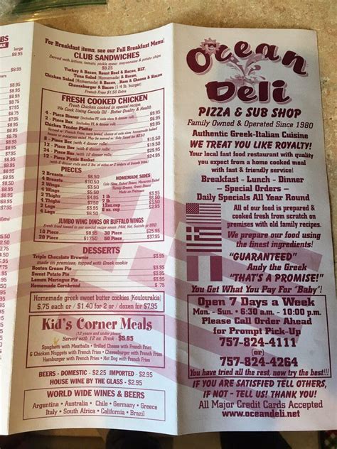 Menu at Ocean Deli pizzeria, Wallops Island