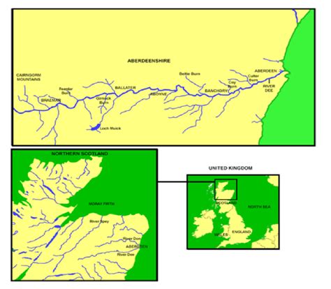 A map of Scotland showing the River Dee and many of its tributaries,... | Download Scientific ...