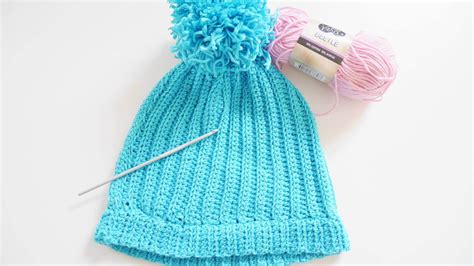 The Easiest ribbed blue beanie crochet hat free pattern