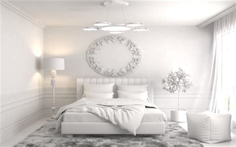 Download wallpapers fully white stylish bedroom, white bed, stylish classic interior, modern ...