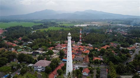 Banten, Indonesia 2021-- Aerial view of Lighthouse sea rock sunset ...