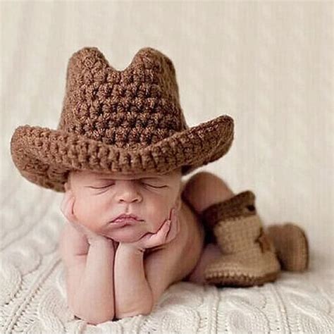 Newborn Photography Costume Baby Boy Girls Crochet Brown West Cowboy Hats CAP Newborn ...