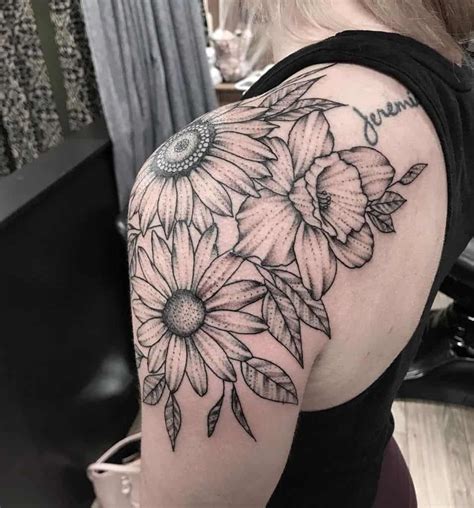 Shoulder wrapped tattoo large black and grey shading sunflower daisy ...