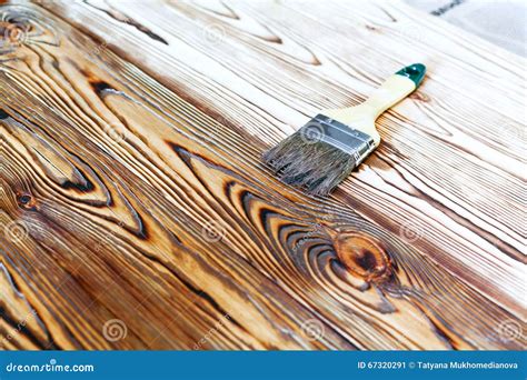 Painting Natural Wood with Paint Brush Stock Image - Image of timber ...