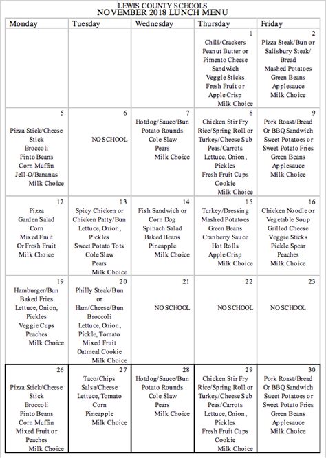 Lewis County Schools Lunch Menu November 2018 – The Lewis County Herald