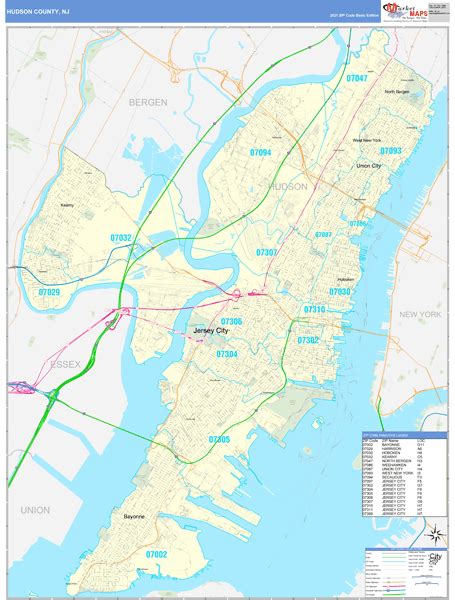 Hudson County, NJ Zip Code Wall Map Basic Style by MarketMAPS