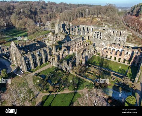 Aerial view of Villers Abbey ruins, an ancient Cistercian abbey located near the town of Villers ...