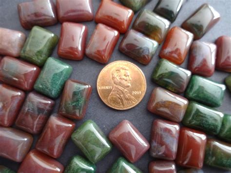 14x10mm Natural Indian Agate Cabochon, Rectangle Gemstone Cabochon, Translucent Green and Red ...