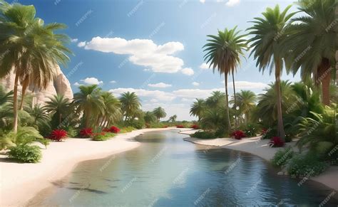 Premium AI Image | A beautiful oasis with tropical plants in desert