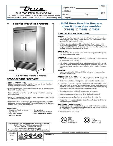 Download free pdf for True T-72F Freezer manual