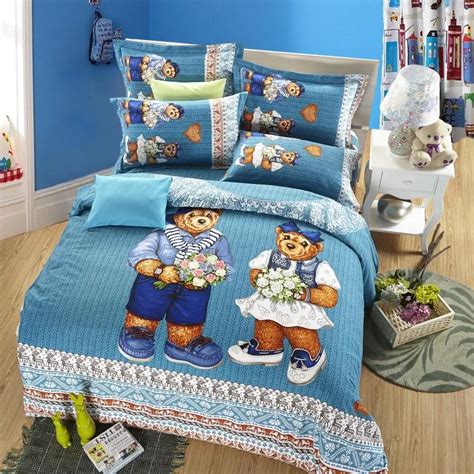 Cute teddy bear kids cartoon bedding set queen size children bed sheets ...