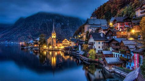 cityscape, night, hallstatt see lake, chruch, austria, village HD ...