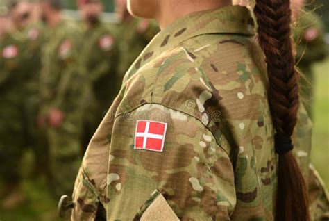 Woman Soldier. Woman in Army. Flag of Denmark on Soldiers Arm. Denmark ...