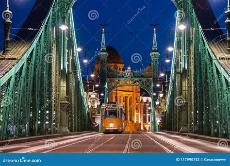 Night View of a Liberty Bridge Szabadsag Hid with a Moving Tra Editorial Photography - Image of ...