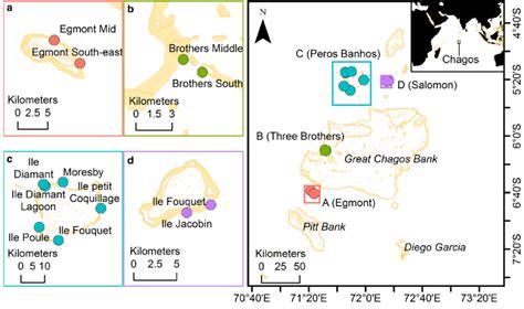 Map of the Chagos Archipelago with the 12 survey sites across the four... | Download Scientific ...