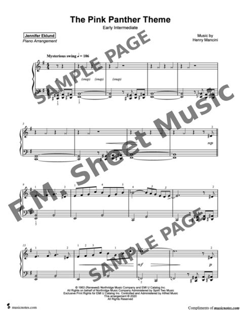 The Pink Panther Theme (Easy Piano) By Henry Mancini - F.M. Sheet Music ...