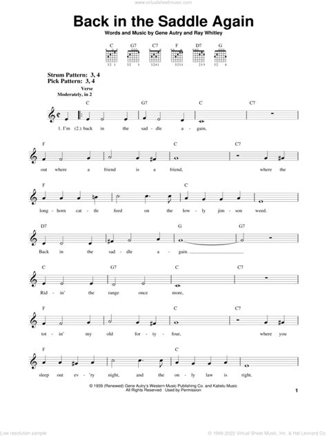 Back In The Saddle Again sheet music for guitar solo (chords) v2