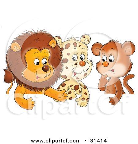 Group Of Friends, A Cute Baby Lion, Leopard And Monkey, Chatting ...