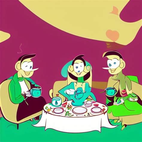 A group of fancy cartoon characters having a tea party, with the ...