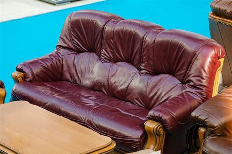Leather couch stock photo. Image of exibition, wood, classic - 71669302