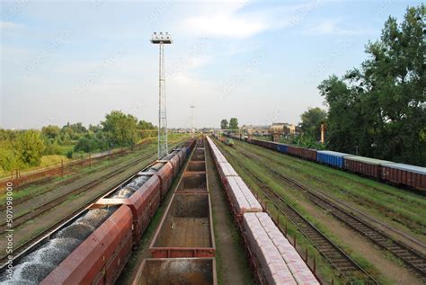 railway carriages of various types on a siding, tracks, tracks, brush, greenery, infrastructure ...