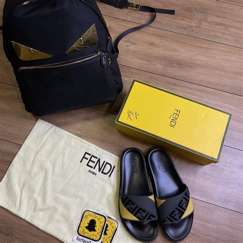 Fendi Slides Yellow/black Sandals with wide band.... - Depop