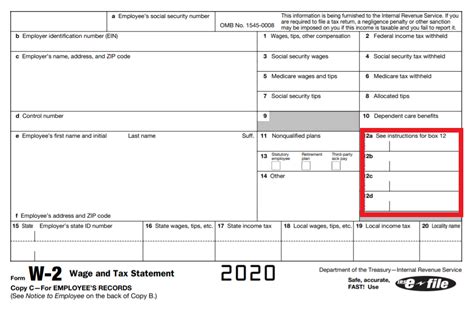 2020 W2 form with boxes 12a through 12d outlined