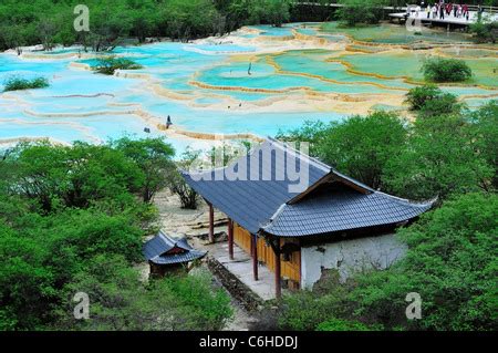 Travertine terrace pools at Huanglong Nature Reserve, an UNESCO World Heritage Site. Sichuan ...