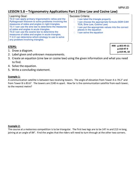 5.8 - Trigonometry Applications Part 2 (Sine Law and Cosine Law) - MPM ...