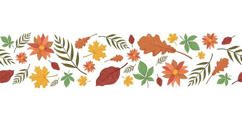 Seamless horizontal pattern with autumn fall leaves in Beige, Red, Brown, green and Yellow ...