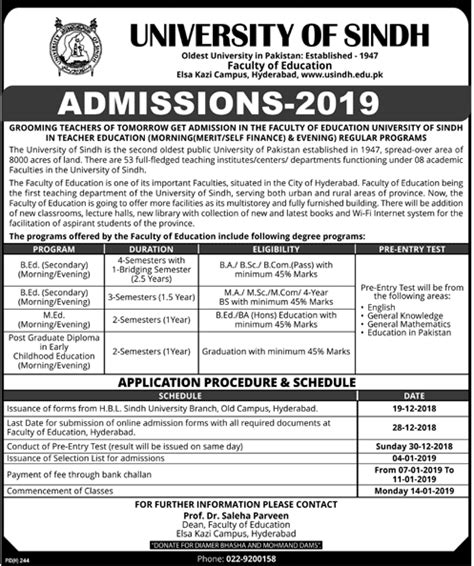 University of Sindh Spring Admission 2024-25, Faculty of Education ...