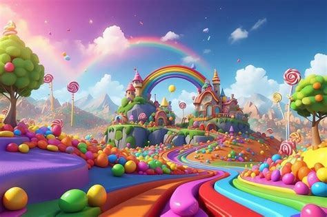 Premium AI Image | 3d rendered cartoon rainbow land with star candy sticks and flying spheres