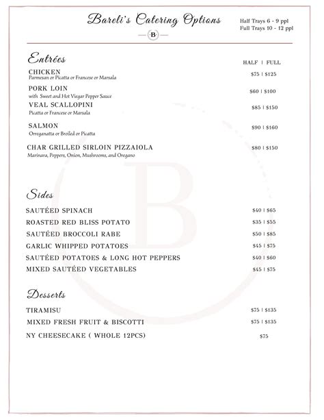 Catering Menu — Bareli's Restaurant & Bar