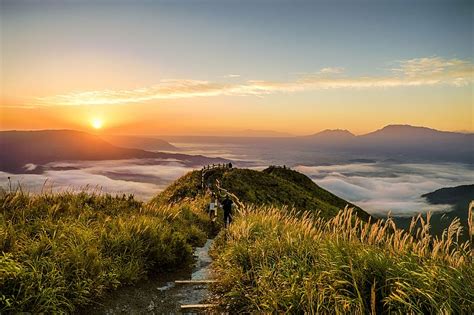 HD wallpaper: pathway between grass leading to a mountain top with an ...