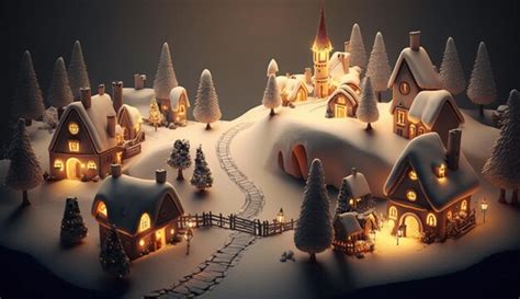 Premium AI Image | A snowy village with a snowy landscape and a christmas tree on the left.