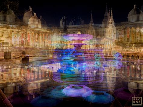 Trafalgar Square Fountains at Night - Multiple-Exposure Photo - PROKOS