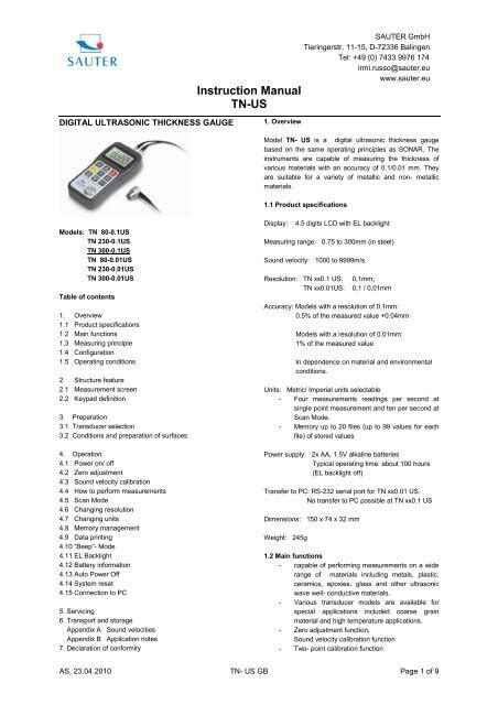 TN-US Digital Ultrasonic Thickness Gauge instruction manual