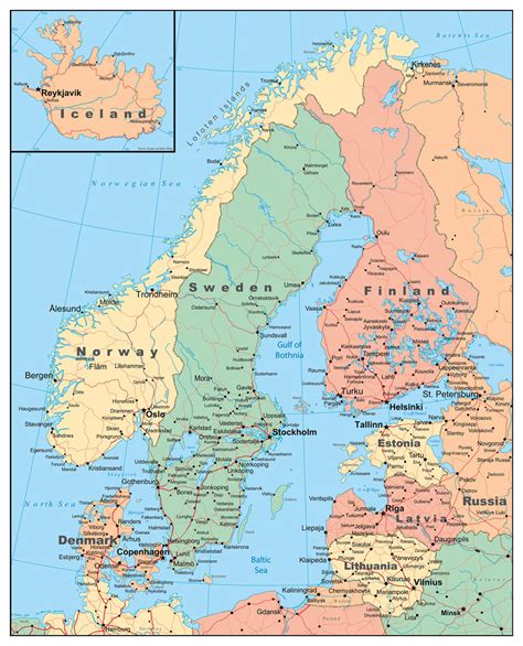 Detailed political map of Scandinavia with roads and major cities ...