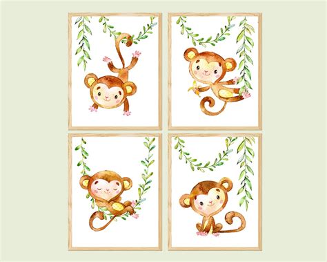 Baby Monkey Wall Art Tropical Nursery Room Decor Kids Prints - Etsy