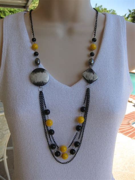 Long Black Beaded Necklace Yellow Beaded Necklace Long Black | Etsy ...