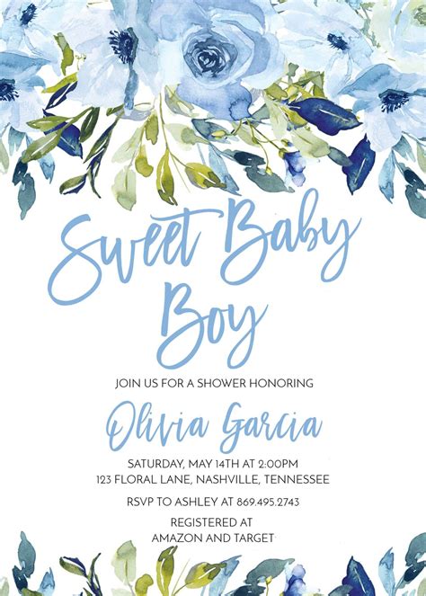 Sweet Baby Boy Baby Shower Invitation, Navy, Light Blue Watercolor Flowers, Digital Instant ...