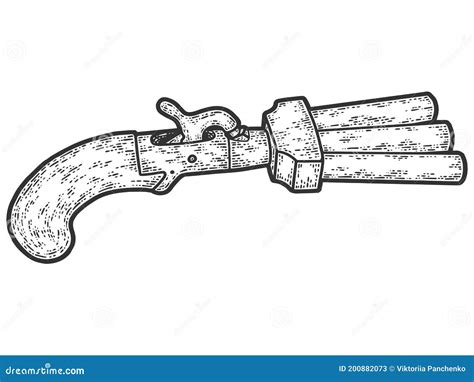 Three Barreled Revolver. Engraving Vector Illustration. Sketch Scratch ...