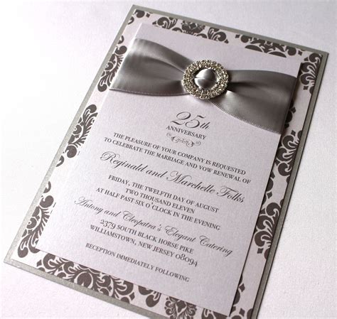 25th Anniversary Invitations, Silver and White Damask - Embellished Paperie LLC